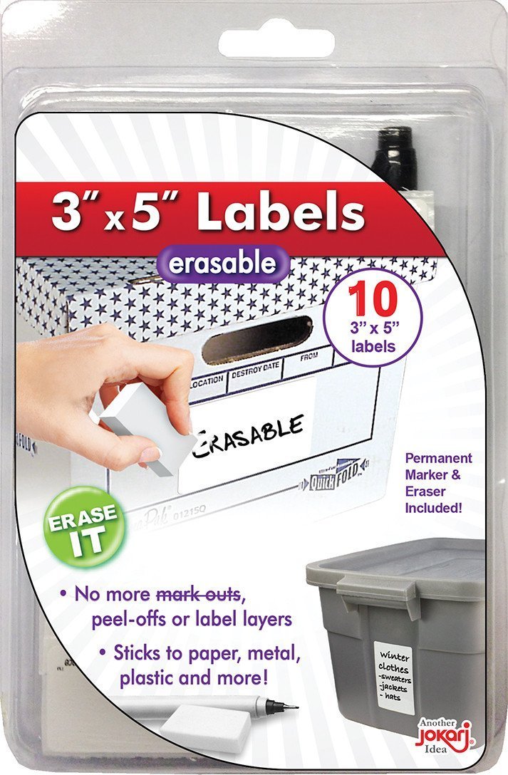 Jokari Label Once 48037 - 10x White Erasable Large Multi-Use Labels 7.6cm x 12.7cm with Eraser & Pen