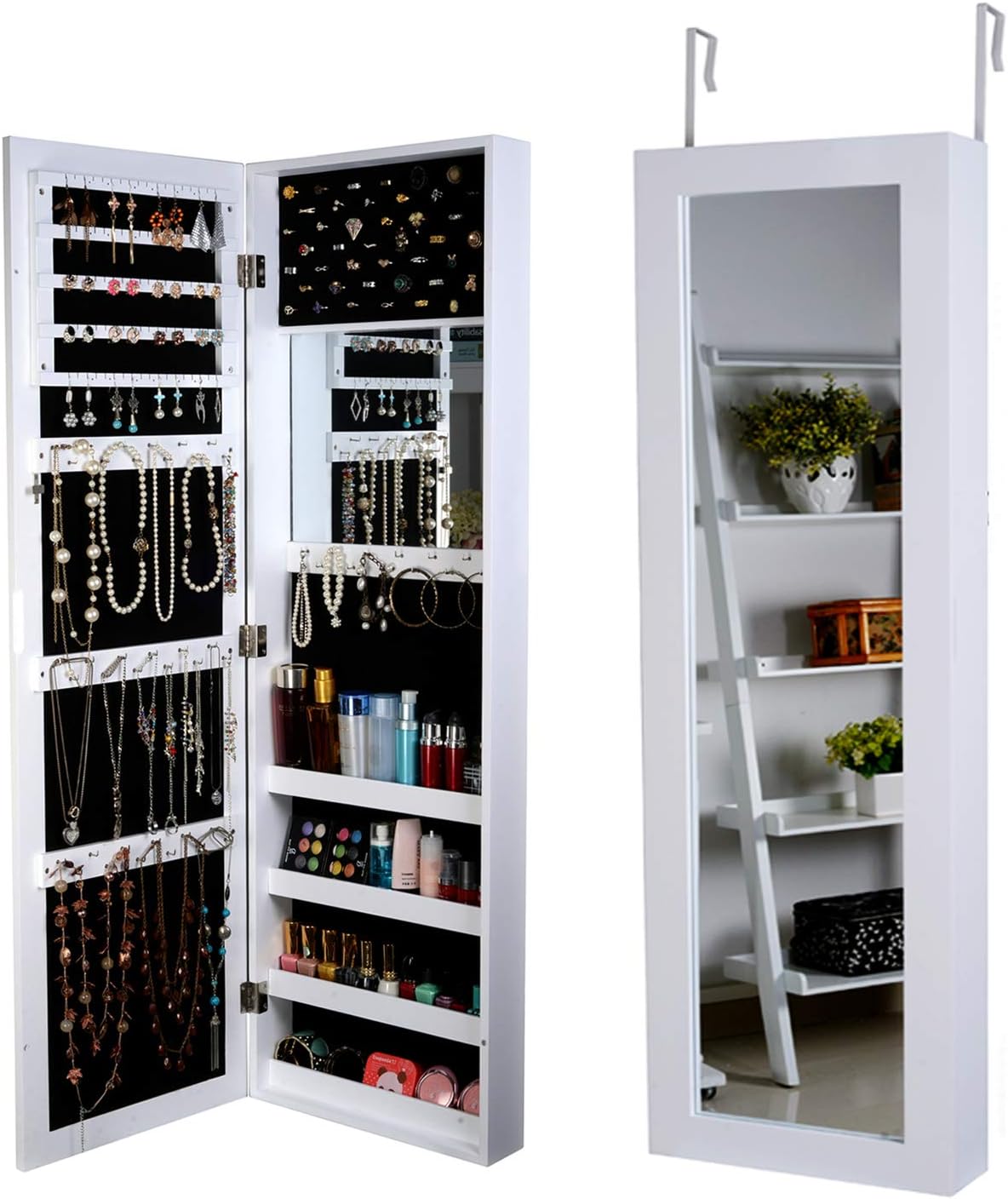 Organizedlife White Wall Mounted Jewelry Armoire Over The Door Jewelry Organizer Wall Jewelry Organizer Hanging with 2 Drawers and Inside Mirror
