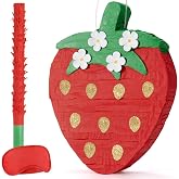 Wernnsai Red Strawberry Pi&ntilde;ata For Kids - Strawberry Baby Shower Pi&ntilde;ata | Strawberry Birthday Party Decorations Summer Fruit Themed Party Game Supplies With Bat Blindfold, 16.5" &times; 11.6" &times;3"