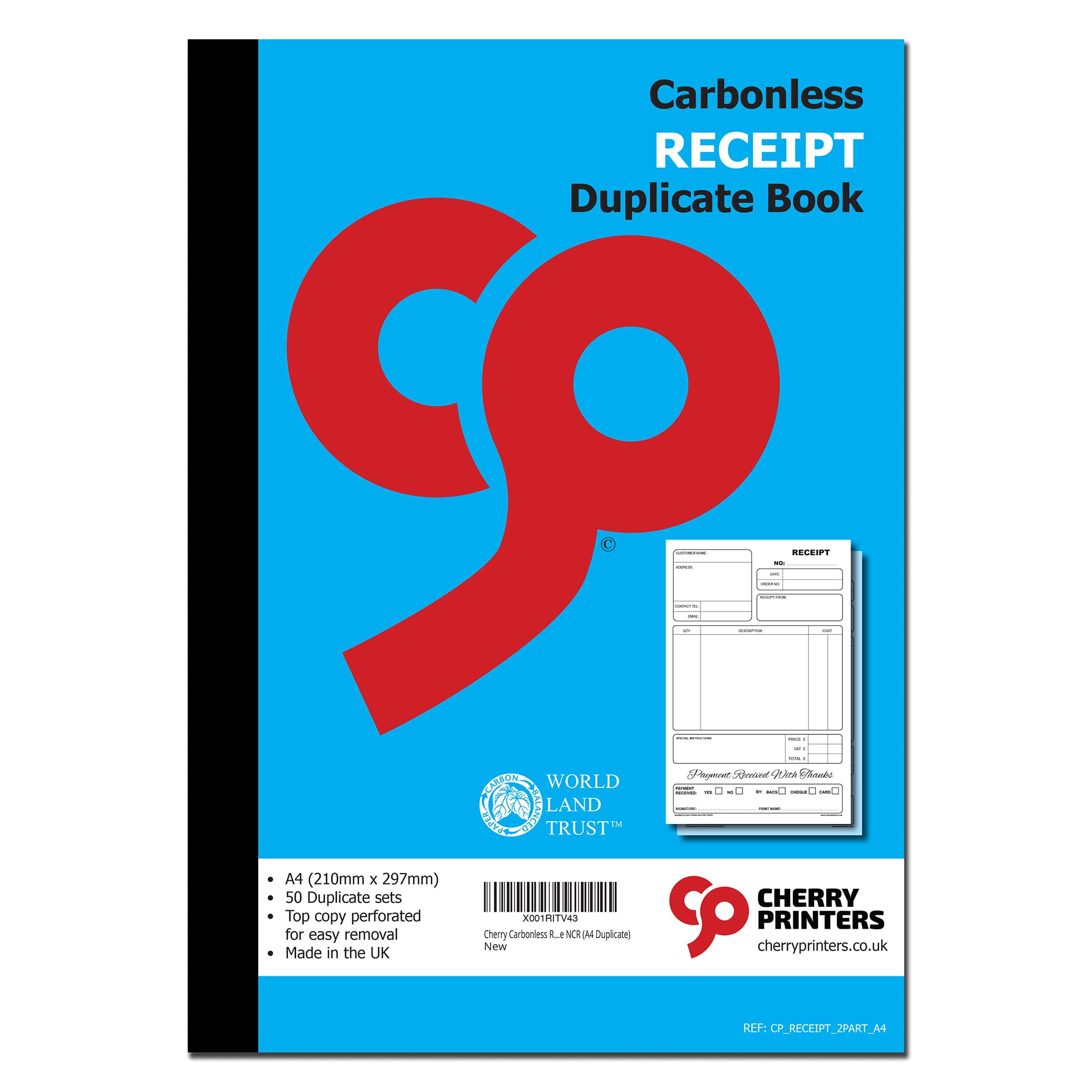 Cherry Printers | Carbonless | Receipt Duplicate Book | A4 (210mm x 297mm) | 50 Perforated Sets | Made in the UK