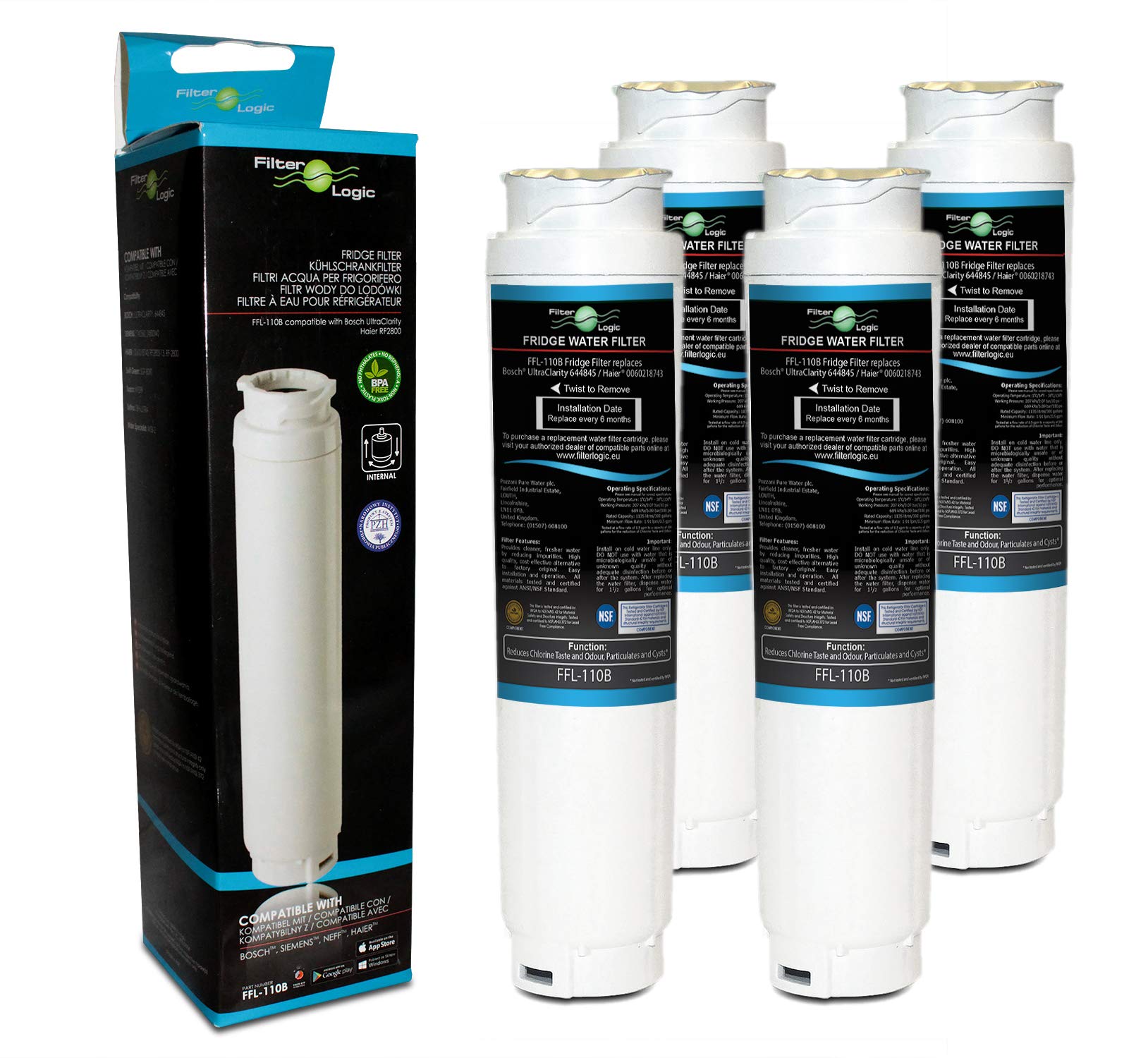 FilterLogic FFL-110B Fridge Water Filter Compatible with UltraClarity 00740560, 740560/644845 for BOSCH, SIEMENS, Neff, Gaggenau, Miele, HAIER 0060820860, RF-2800-13, SUPCO WF299 (4 Pack)