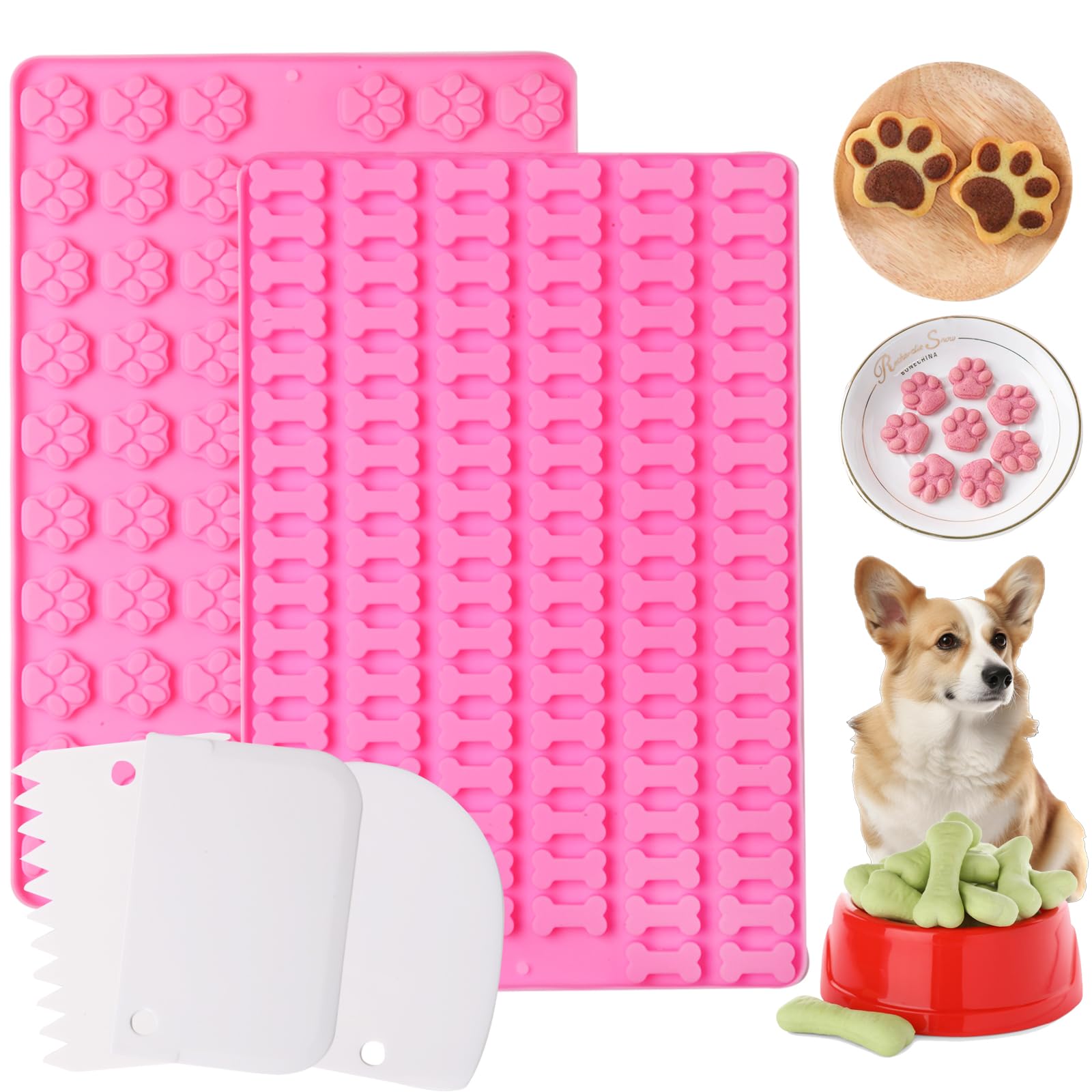 Doygim 2 Pcs Mini Silicone Dog Treat Moulds Paw Bone Shaped Reusable Ice Cube Trays Making Kit for Baking Chocolate Jelly Cake Biscuit Candy Gummy Cookie Soap Molds DIY with 3 Dough Scrapers