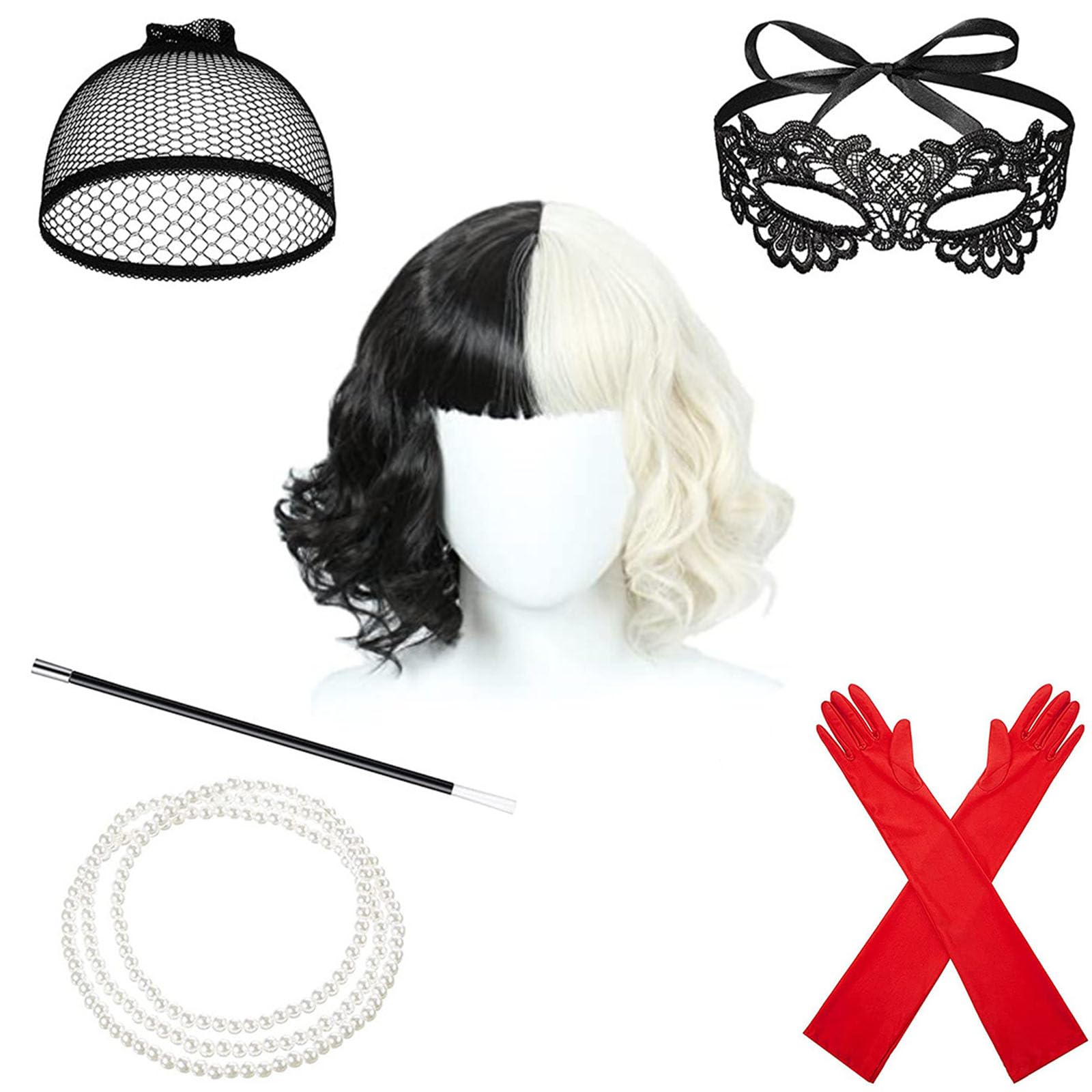 6 Set Women's Role-playing Dress Clothing Party Cosplay with Black and White Wig, Gloves, Brackets, Necklace, Mask and Wig Cap