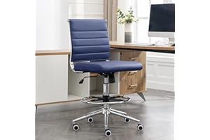LEPDEP Okeysen Drafting Chair Armless Desk Stool, 400 LBS Ergonomic Leather Tall Office Chair with Adjustable Foot Ring, Modern Standing Desk Chair with Ribbed Mid Back, Swivel Rolling Drafting Stool.
