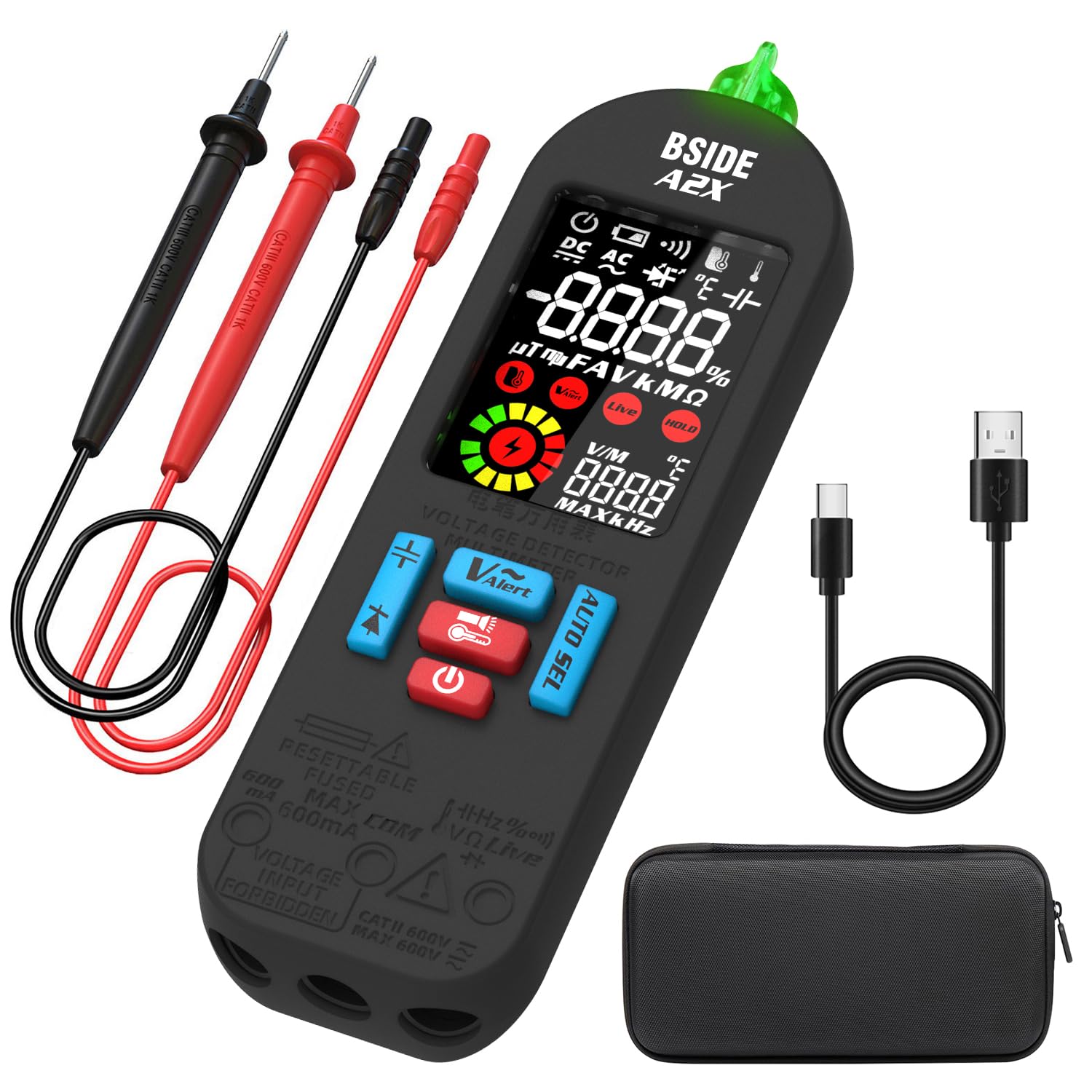 BSIDE A2X Rechargeable Smart Digital Multimeter Electrical Current Tester Mini Size Colour LCD with VFC NCV AC Voltage Detector Capacitance Resistance Frequency Diode Continuity Tester with Case