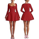 ISZPLUSH Women’s Long Sleeve A-line Mini Dress Bow Sweetheart Neck Pleated Elegant Formal Slim Fit Party Short Dresses