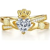 Gold Claddagh Ring for Women, 14K Gold Plated Irish Engagement Wedding Ring - Non Tarnish Promise Ring with 6.5mm Heart Simulated Diamond - Anniversary Christmas Gifts for Her Size 5-10
