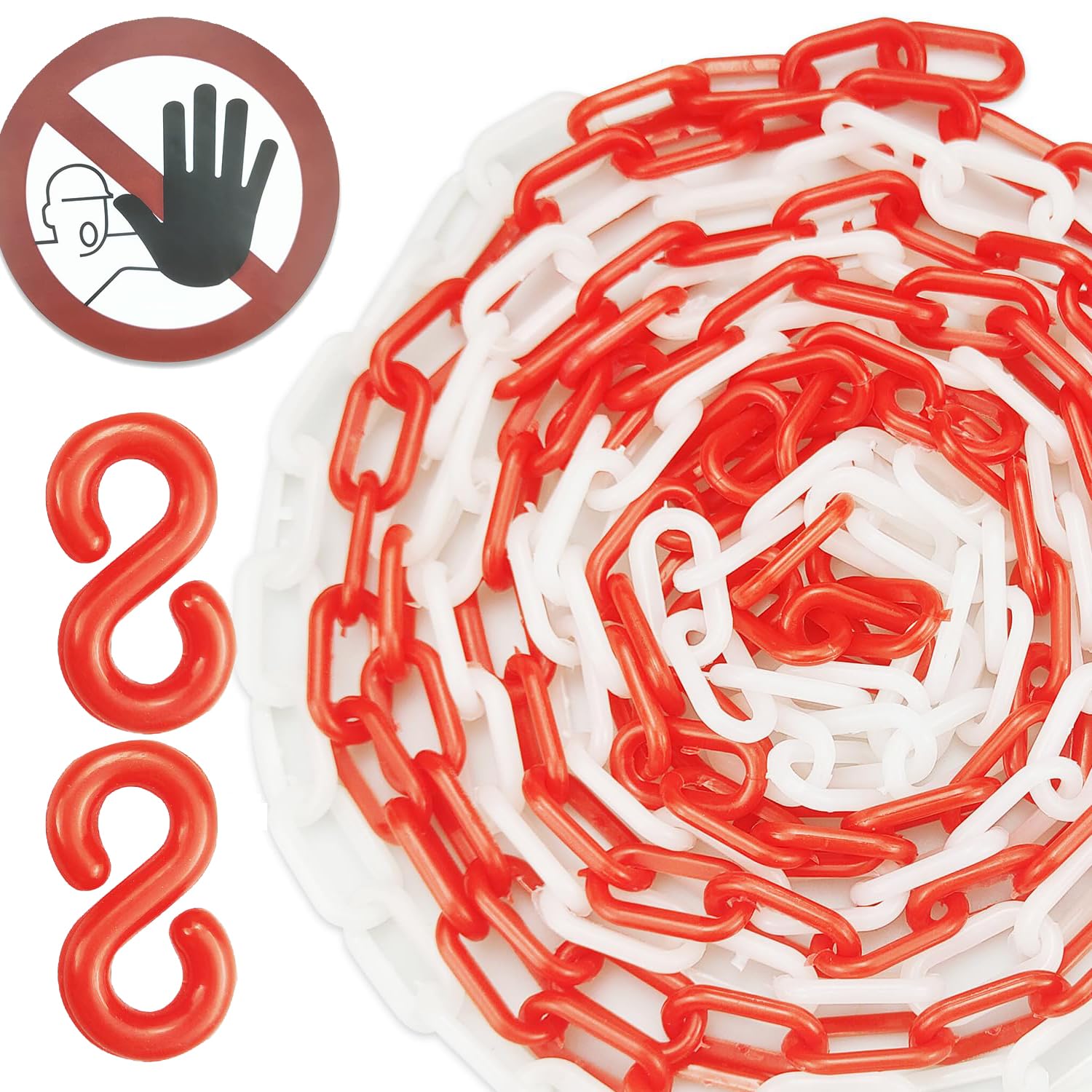 5 Meters(16.4 Feet) Plastic Barrier Chain,Red and White Plastic Chain,with 2pcs Round Waterproof and Wear-Resistant No Entry Warning Stickers and S Buckle