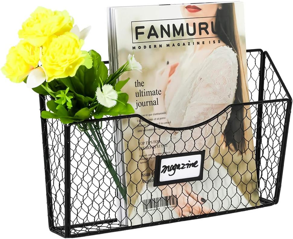 PAG 3 Pockets Hanging File Holder Wall Mount Mail Organizer Metal Chicken Wire Magazine Rack with Tag Slot, Black : Office Products