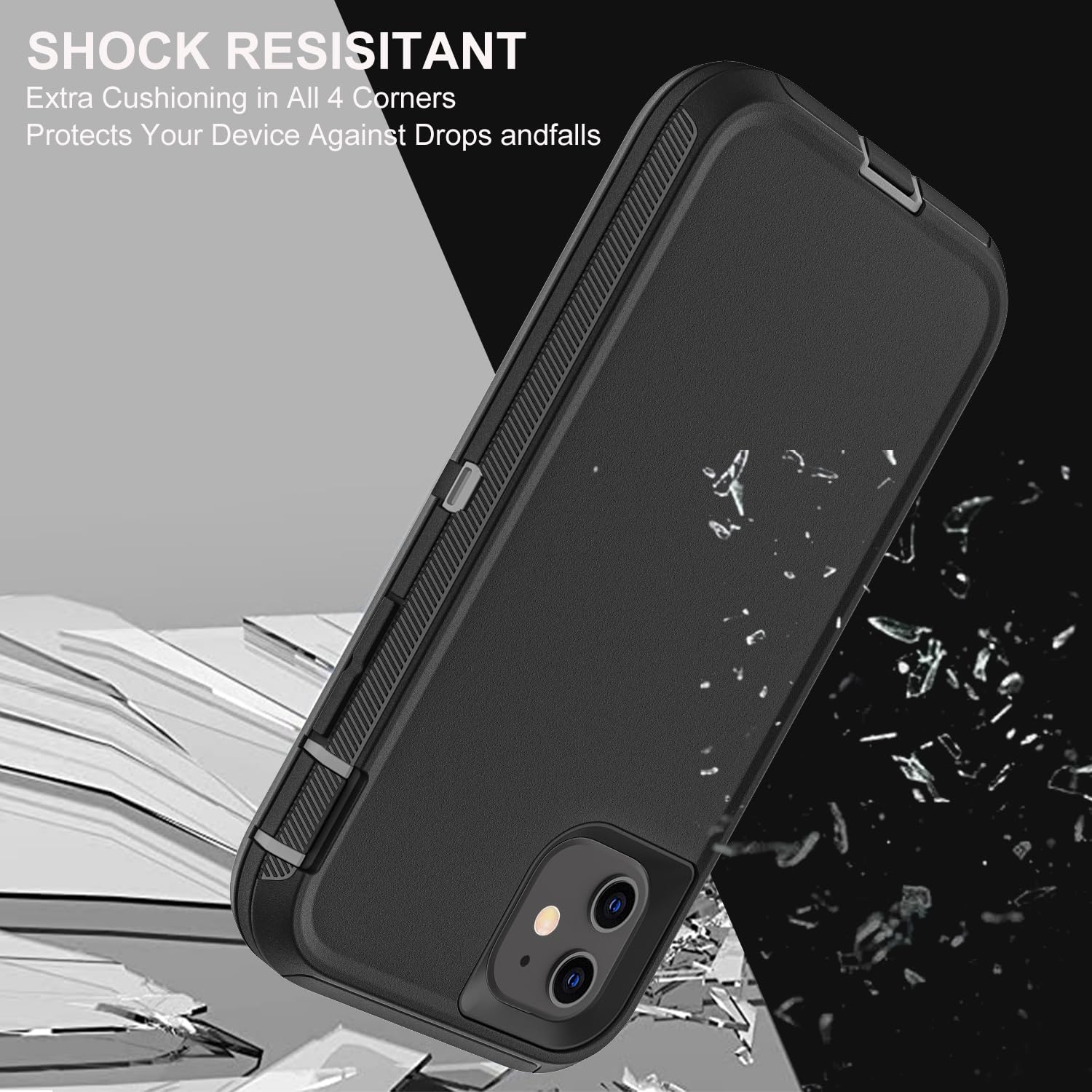 for iPhone 11 Case, Military Grade 3 in 1 Heavy Duty Shockproof/Drop Proof/Dust Proof Case with 2Pcs Tempered Glass Screen Protector (Black/Grey)