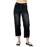 Judy Blue High Waist Distressed Raw Hem Wide Leg Crop Jeans, Black