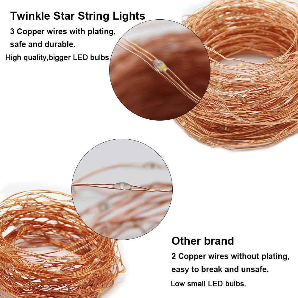 Twinkle Star 200 LED 66 FT Copper String Lights Fairy String Lights 8 Modes LED String Lights USB Powered with Remote Control for Christmas Tree Wedding Party Home Decoration, Warm White: Home Improvement