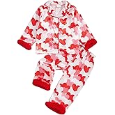 Kavousa Toddler Girl Valentine's Day Satin Pajamas Set Baby Silk Pjs Heart Button Down Shirt Long Pants Sleepwear Spring