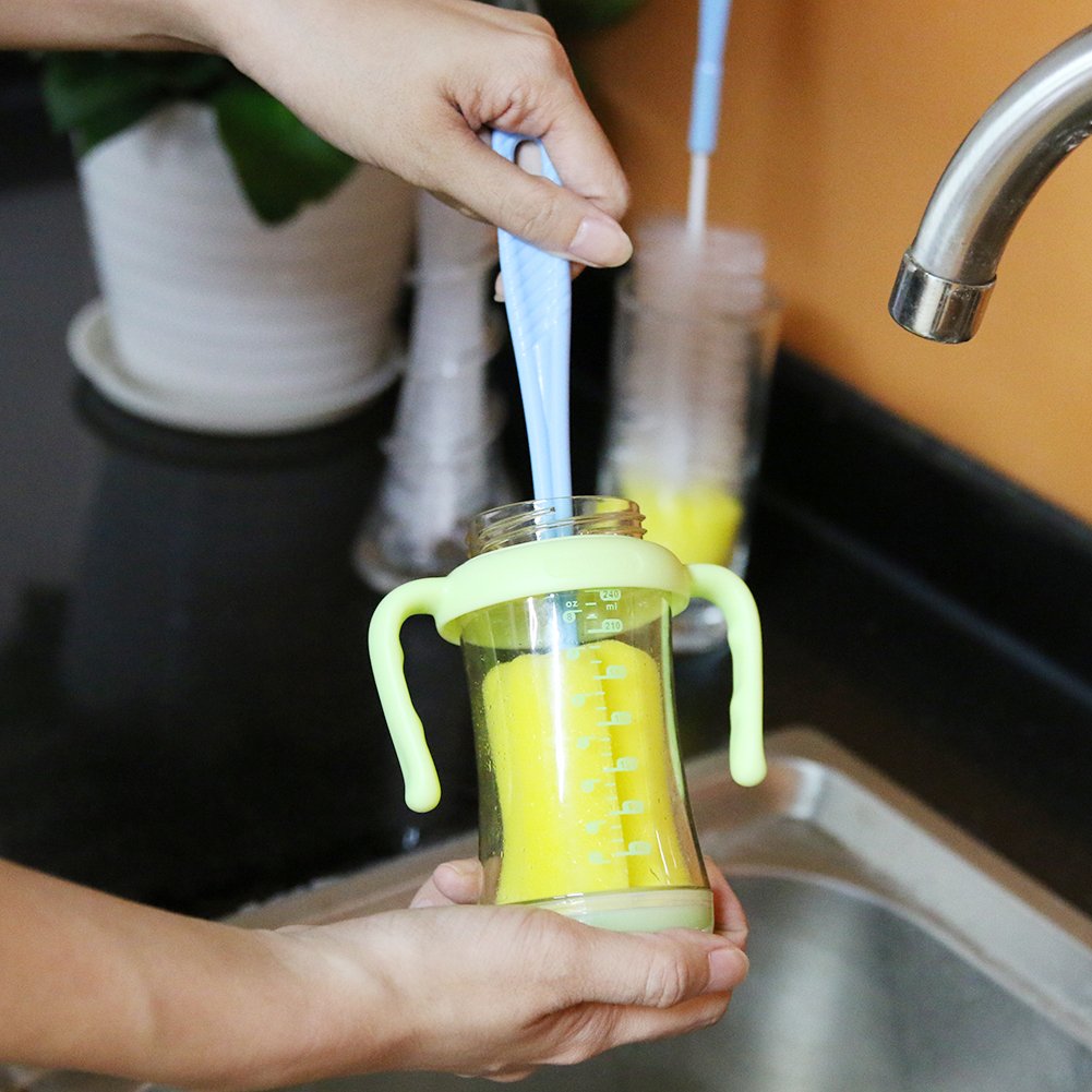 3 Piece Bottle Brushes Set, SIKIWIND Water Bottle Brush Cleaner Set - Bendable 16” Rugged Bristles Long Bottle Cleaning Brush + 14” Sponge Bottle Brush and 10” Soft Safe Baby Bottle Brush(Blue&Yellow)