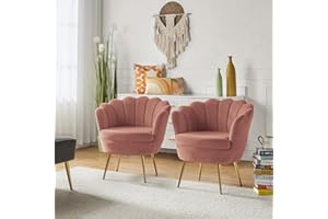 HULALA HOME Modern Velvet Accent Chairs Set of 2 with Shell Shaped Back, Cute Living Room Bedroom Armchairs with Gold Legs, Comfy Upholstered Vanity Chairs for Makeup Room, Pink