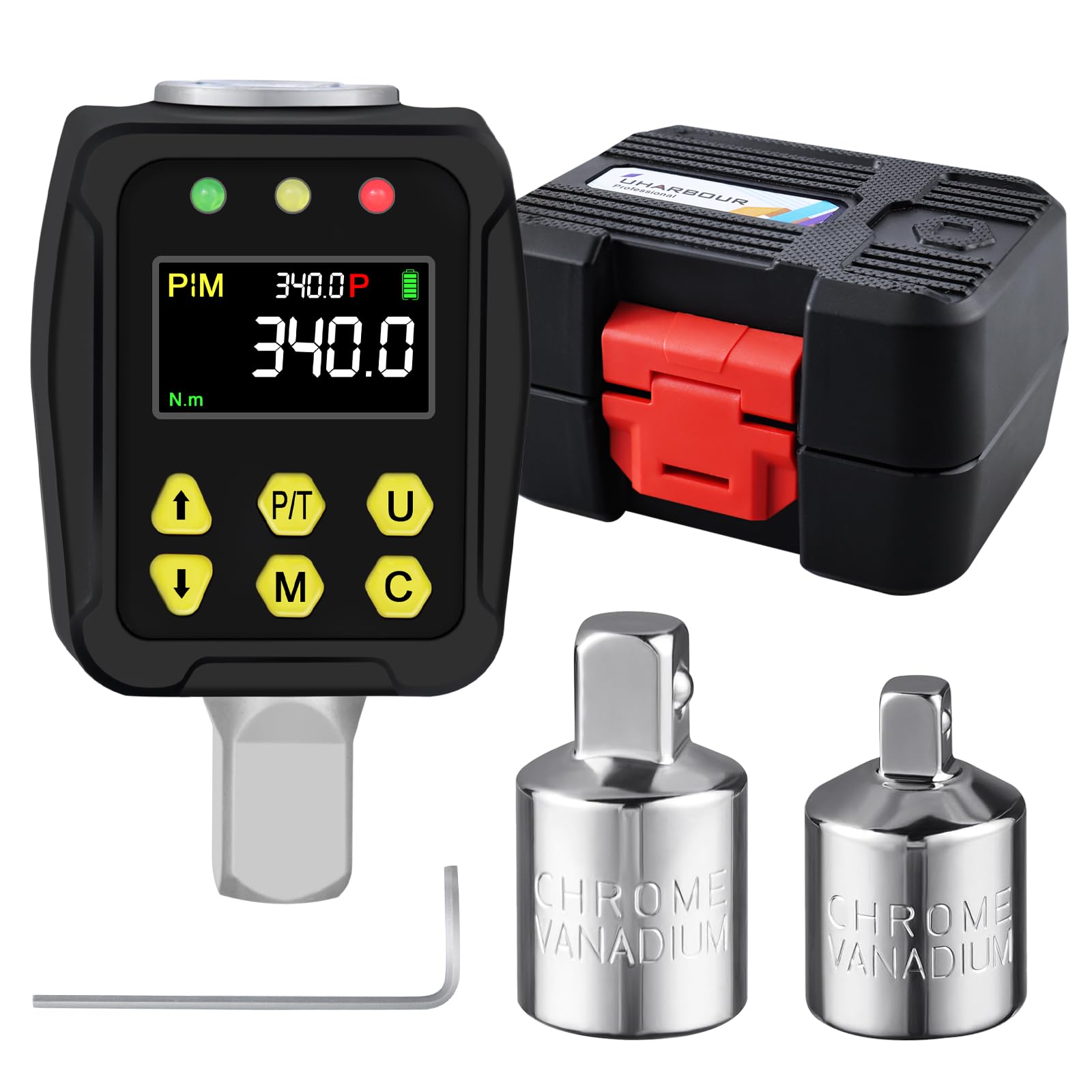 Uharbour Digital Torque Adapter 1/2 Inch 17-340 Nm, Torque Wrench Digital with LCD Display, PEAK/TRACK Mode, Buzzer and LED Display, ±2% Error Accuracy, for Car, Bike, Motorcycle