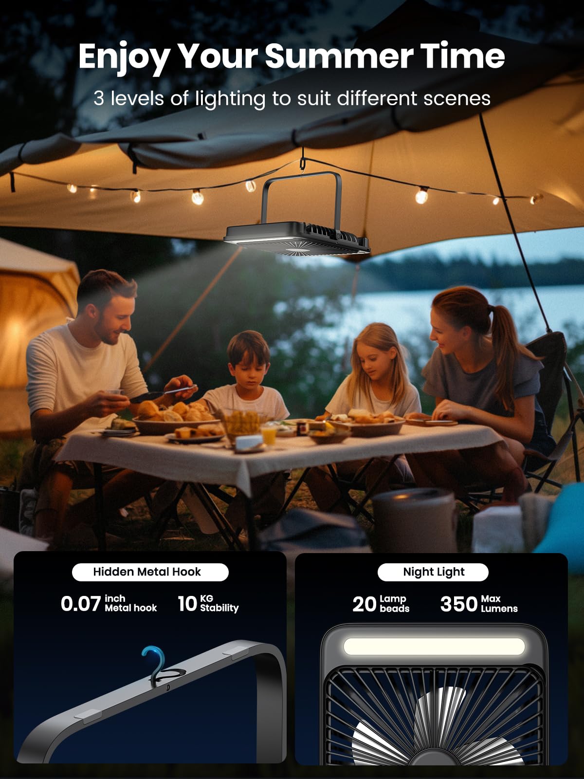 Warmco 20000mAh 8-inch Portable Camping Desk Fan, [15-48H Working Hours] Ultra-thin LED Light Rechargeable Battery Powered Travel Fan for Outdoor, Indoor, Cruise Essentials 2025