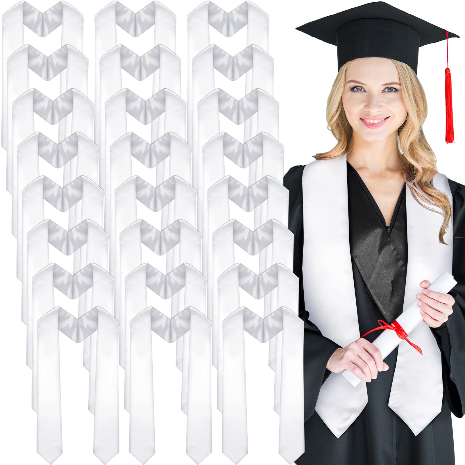 Photo 1 of Geyoga 24 Pieces Unisex Graduation Stole Plain Graduation Sash Honor Stole for Students, 70 Inches(White)