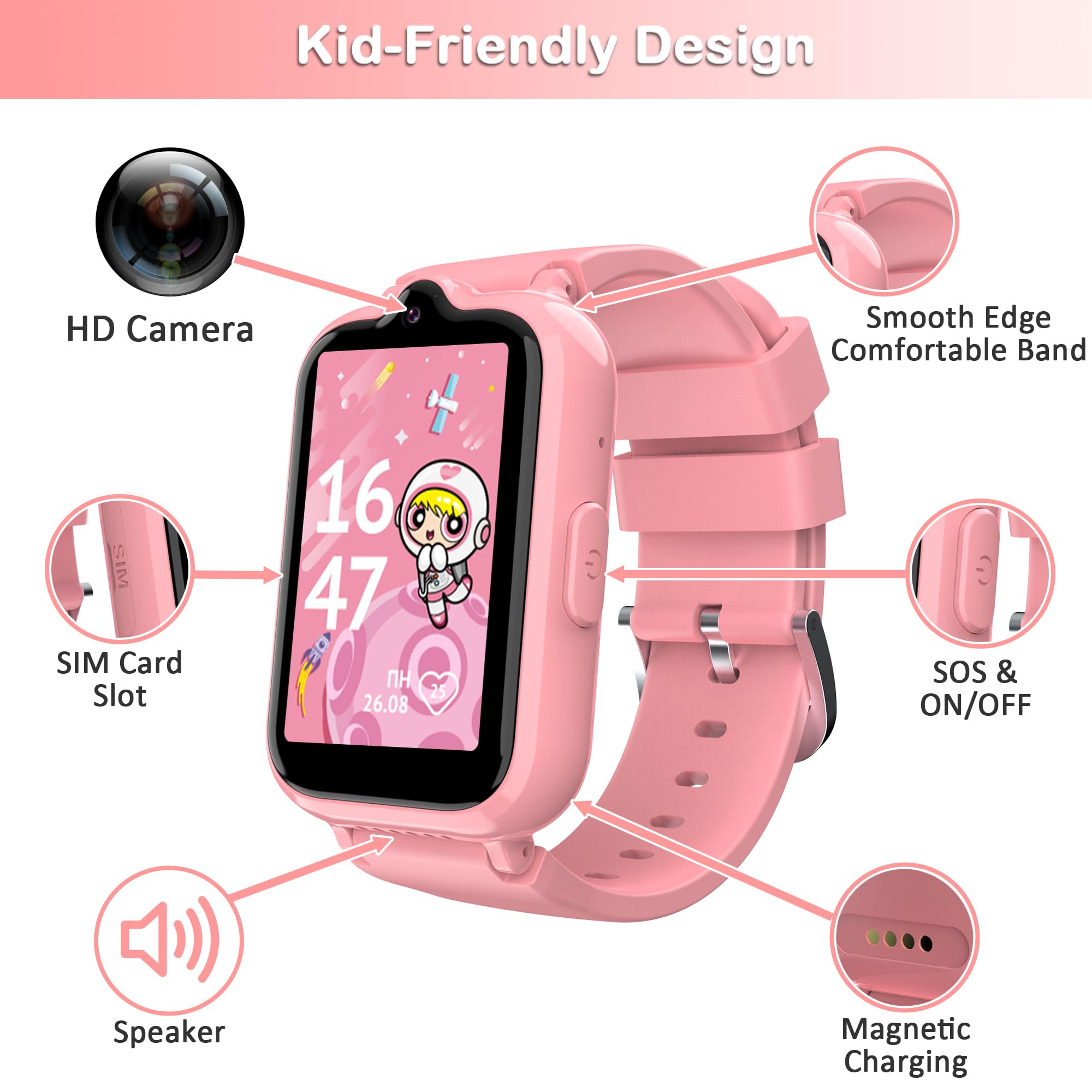 4G Kids Smart Watches for Girls with GPS Tracker, Phone Calling & Voice Chat, WiFi Touch Screen Kids Watches Ages 5-12, SOS Call, Camera, Alarm Clock, Pedometer Birthday Gifts