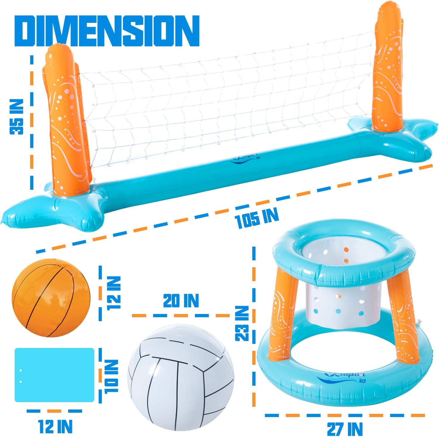KIDPAR Inflatable Pool Float Set Volleyball Game and Basketball Hoops with 2 Balls Kids and Adults Swimming Game Toy, Floating, Summer Floaties, Volleyball Court (105”x28”x35”)Basketball (27”x23”x27”): Toys & Games