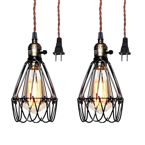 Pauwer Industrial Metal Cage Pedant Light Plug In Pendant Lamp