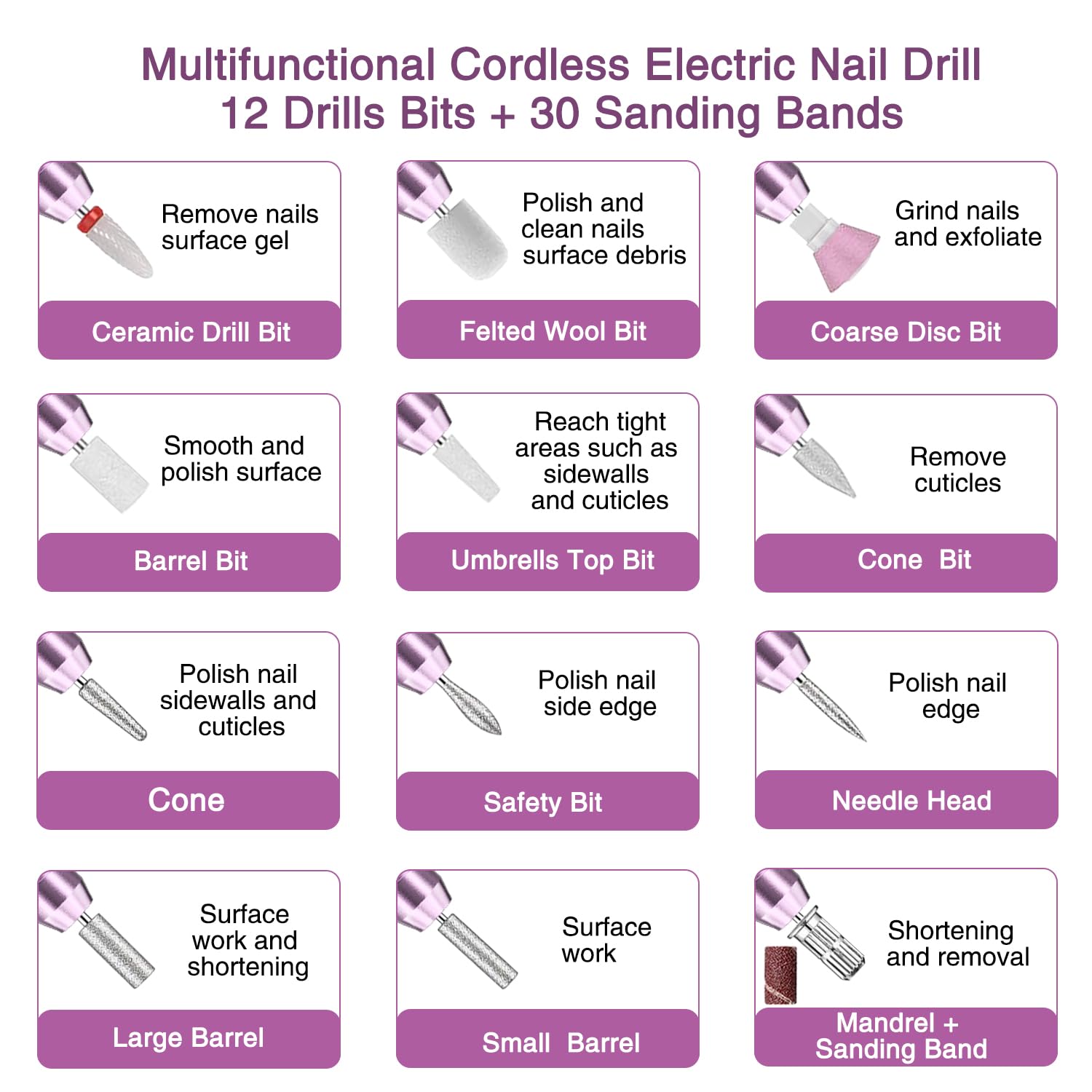 Electric Cordless Nail Drill File: LED Display Professional Portable Nail Drill for Acrylic Gel Dip Powder Nails Manicure Pedicure Kit Tool with Nail Drill Bits Sanding Bands, Purple - Image 7