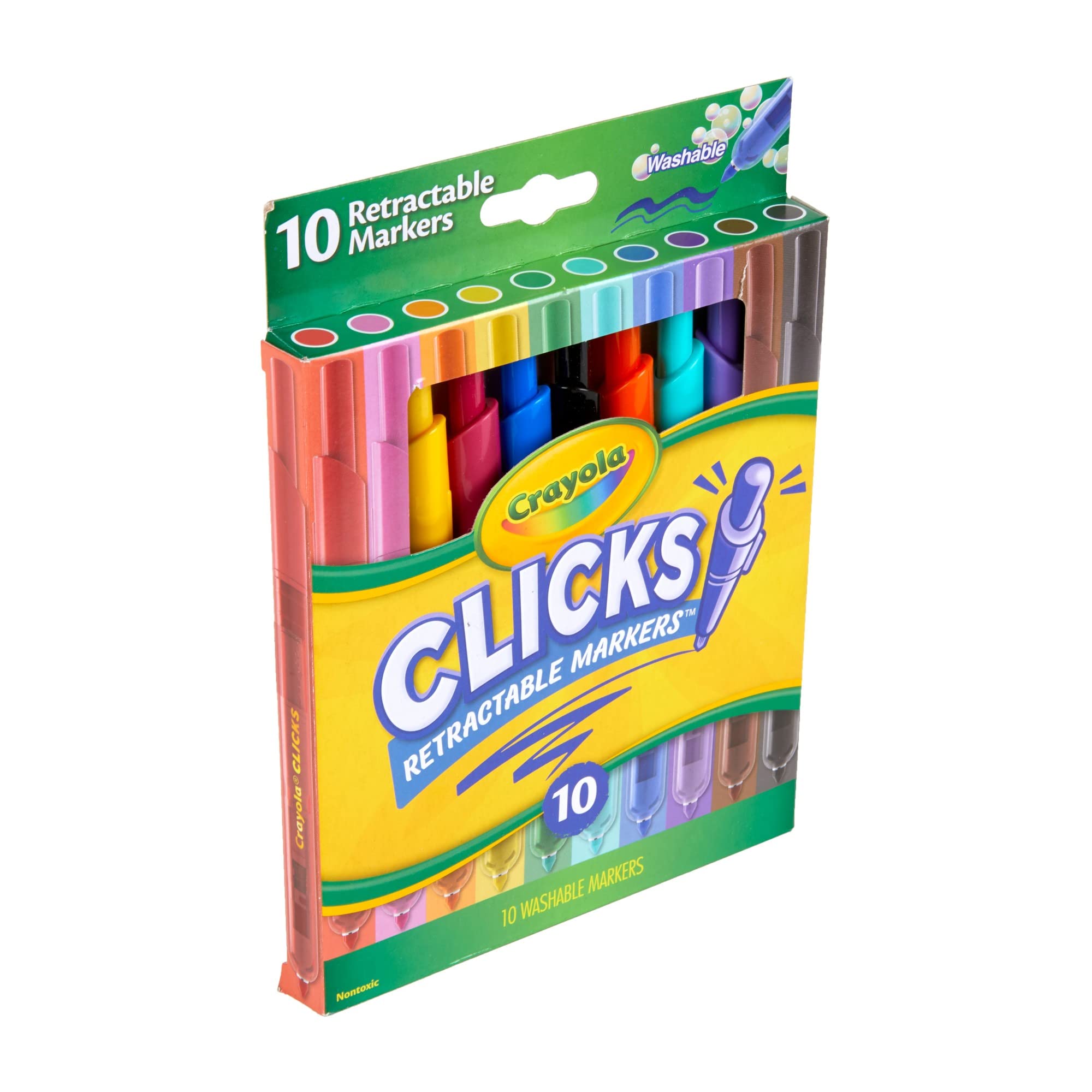 Crayola Clicks Retractable Tip Markers (10ct), Stocking Stuffers for Kids & Toddlers, Cone Tip Washable Art Marker Set, Coloring Book Supplies, No Dry, 3+
