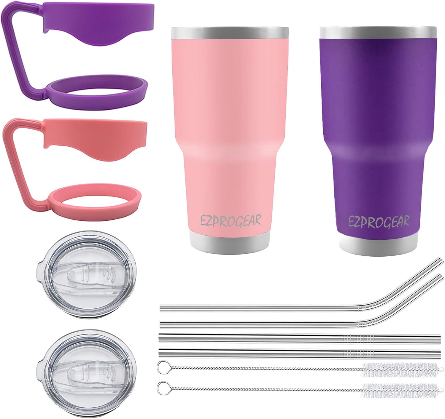 Ezprogear 30 oz 2 Pack Stainless Steel Tumbler Double Wall Vacuum Insulated with Straws and Handle (30 oz 2 Pack, Pink/Purple)