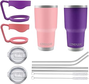 Ezprogear 30 oz 2 Pack Stainless Steel Tumbler Double Wall Vacuum Insulated with Straws and Handle (30 oz 2 Pack, Pink/Purple)