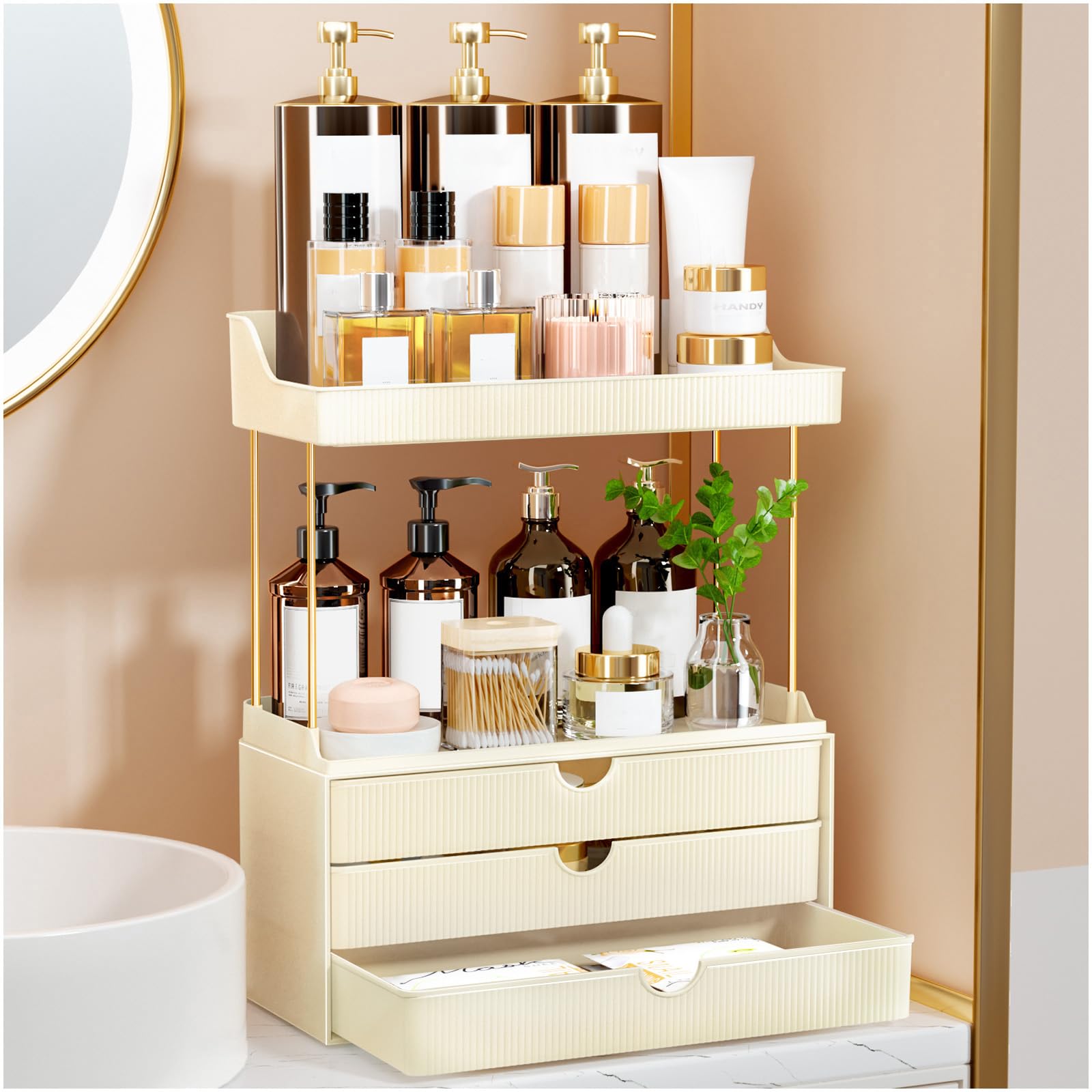 Photo 1 of StorBin 3 Drawers Bathroom Counter Organizer - 5 Tier Makeup Organizer, Versatile Perfume Organizer, Ideal for Bathroom Storage, Vanity, Large Skincare, Perfume, Present, Cream White