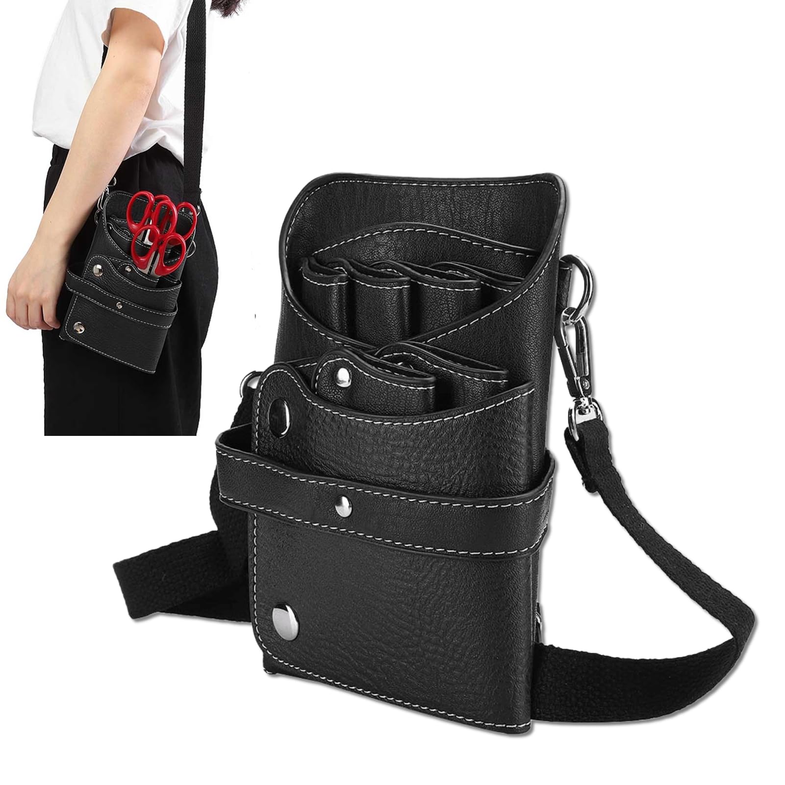 Scissor Pouch Holster with Belt, Portable Professional Barber Scissors Waist Bag Hair Clipper Comb Hairdressing Tool Storage Bag(Black)