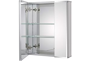 Fundin Bathroom Wall Mount Cabinet with Two Glass Shelves, 20 x 24 Inch Recess or Surface Mount Medicine Cabinet, Frameless Mirror Door Cabinet