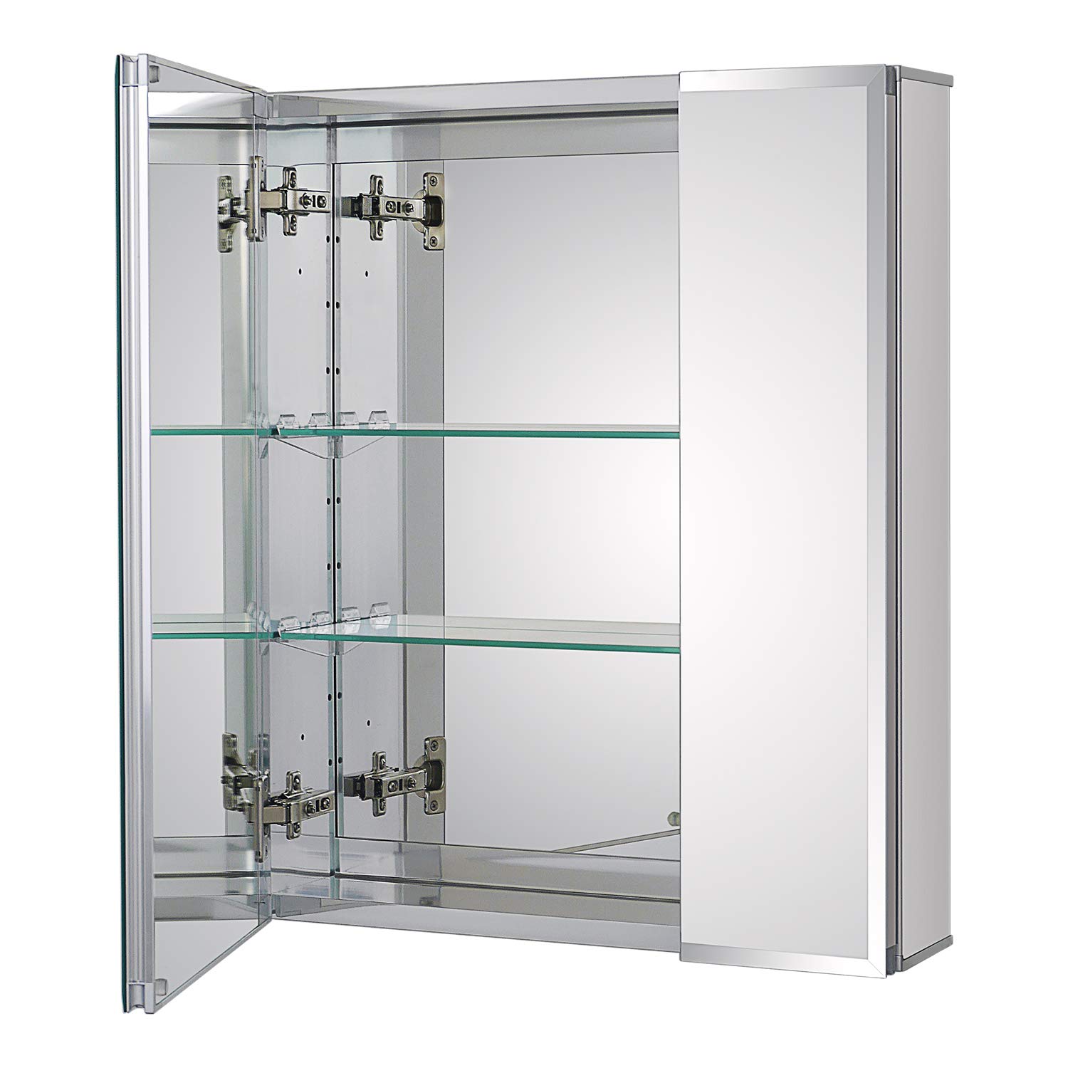 Fundin Bathroom Wall Mount Cabinet with Two Glass Shelves, 20 x 24 Inch Recess or Surface Mount Medicine Cabinet, Frameless Mirror Door Cabinet
