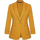 MINTLIMIT Women's Casual Blazer 3/4 Ruched Sleeve Open Front Button Work Office Blazer Jackets with Pockets