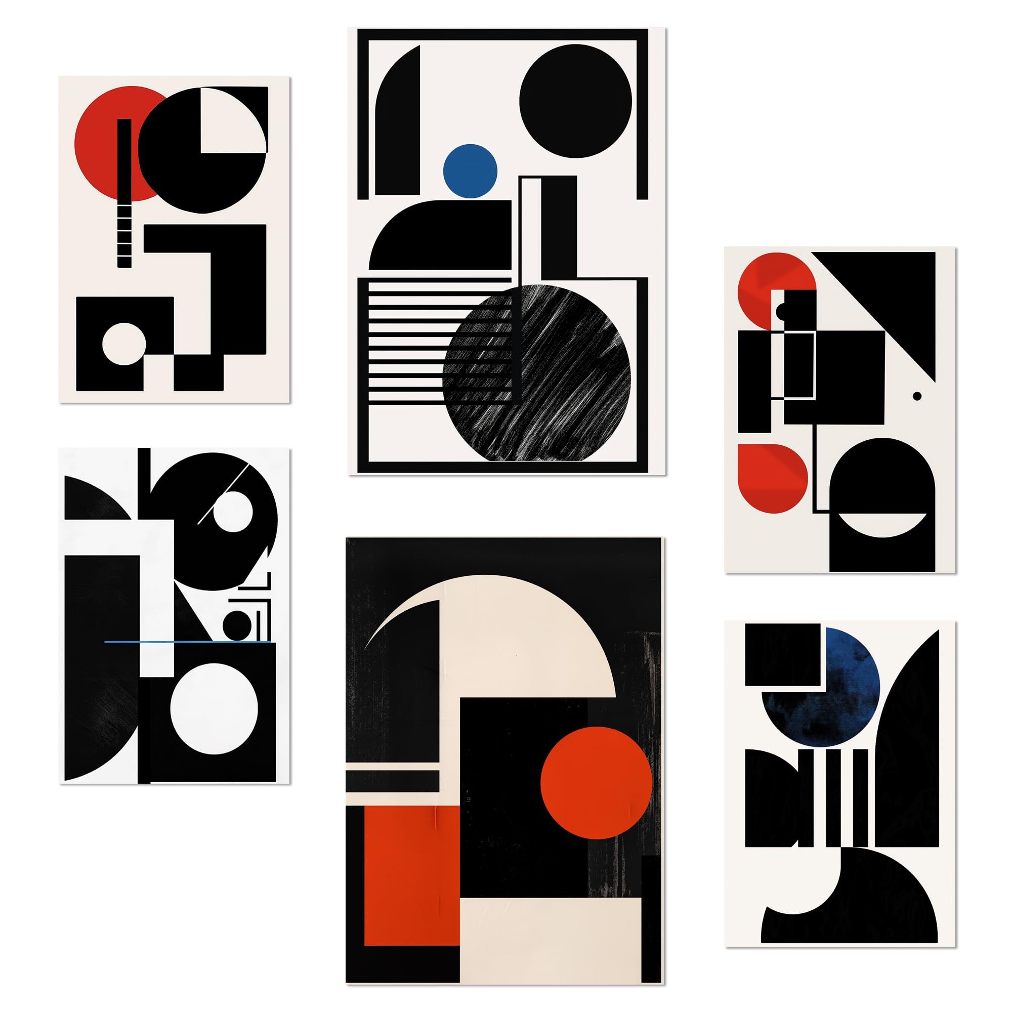 Nacnic Set of 6 Bauhaus Red Black Blue Posters with design illustration to decorate the walls of home. Rooms, office, shop, business. A3 and A4 size. Frameless.