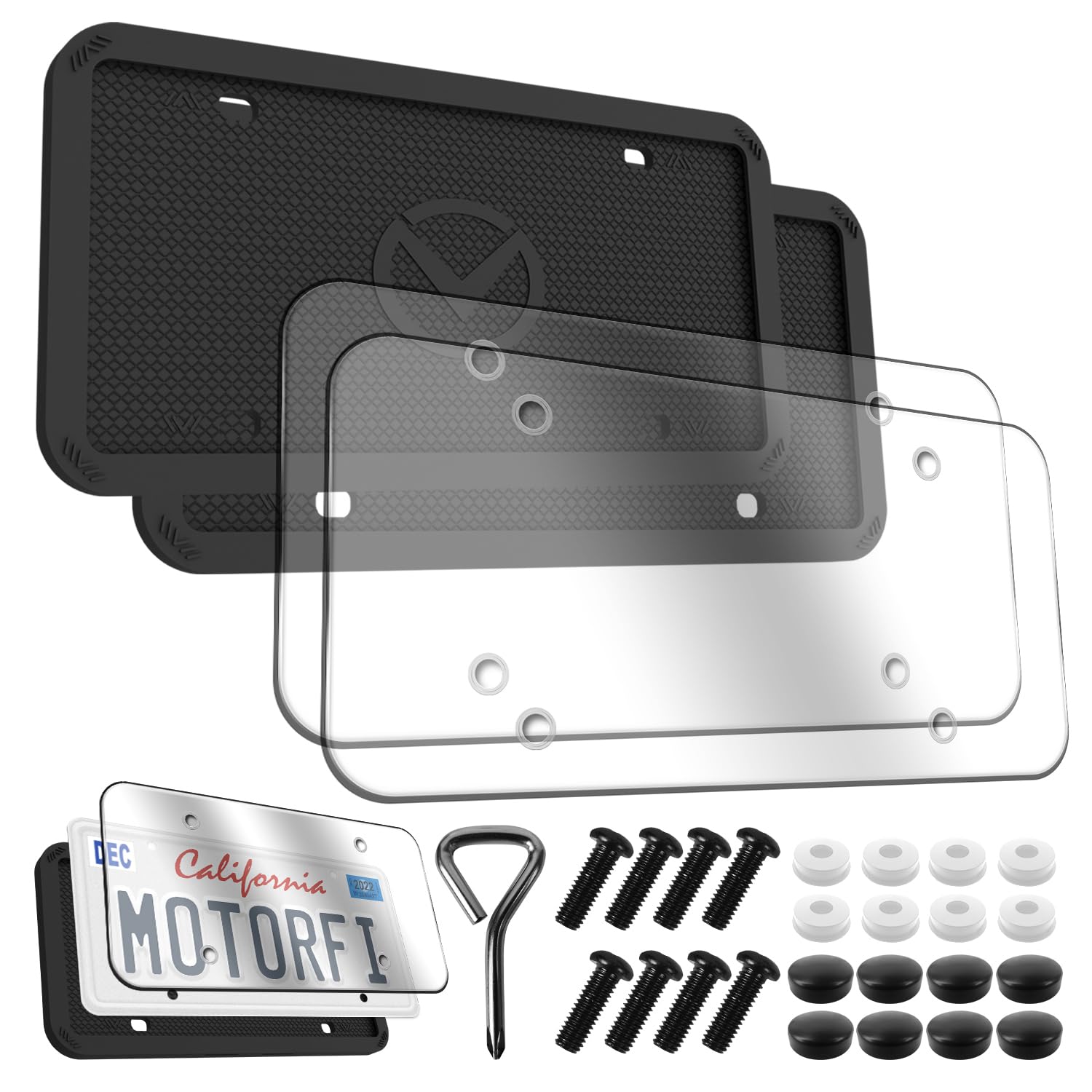Photo 1 of Motorfi 2 Pcs Silicone License Plate Frames with Polycarbonate Covers, Rust-Proof, Weather-Resistant, Easy Installation, Premium License Plate Protector for Cars with 2 Drainage Holes