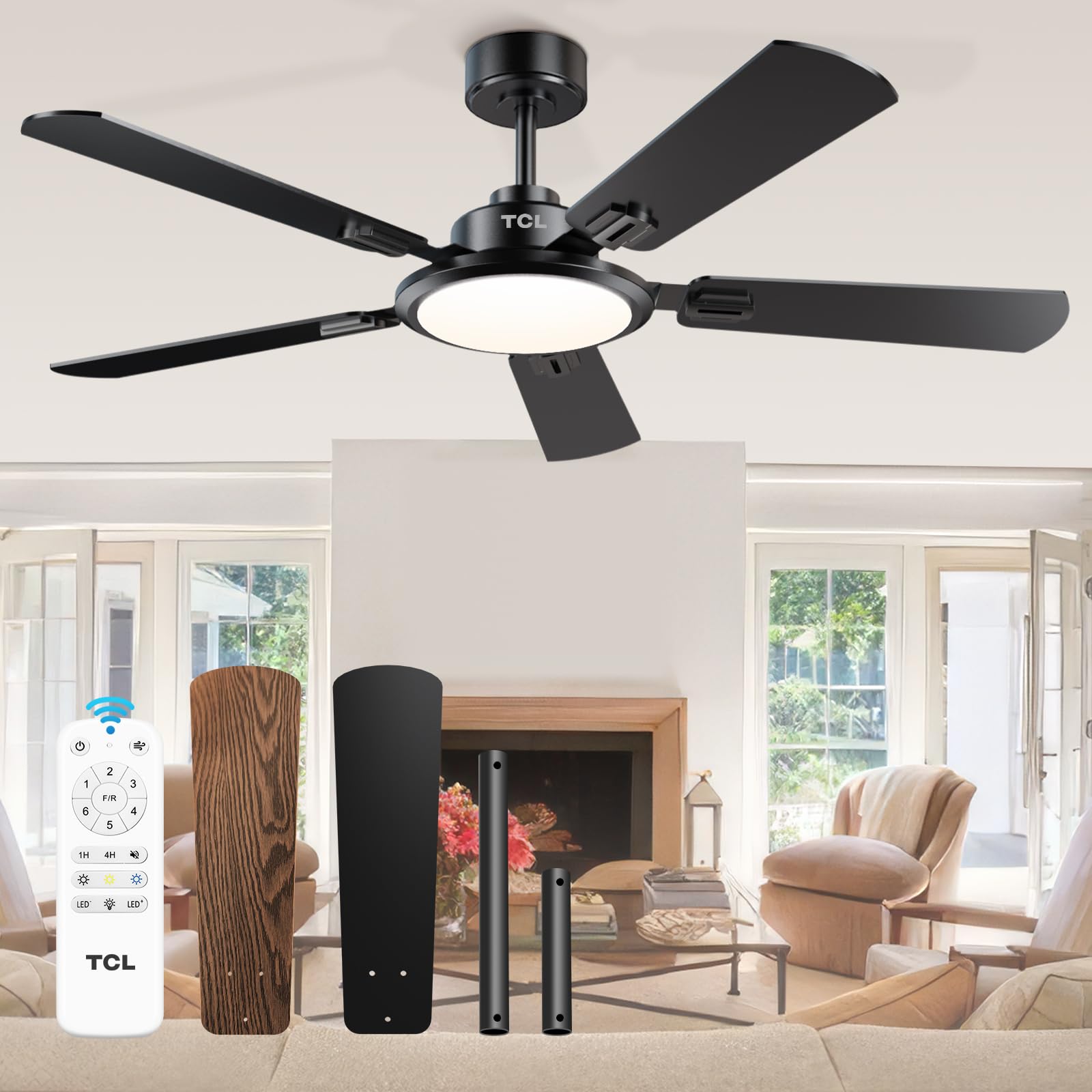 TCL Ceiling Fans with Lights, 52 Inch Ceiling Fan with Light and Remote Control, Reversible DC Motor, Noiseless, Dimmable 36W LED, Modern Ceiling Fan for Bedroom Living Room (Black)