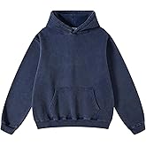 Iwing Mens Oversized Acid Wash Hoodie Sweatshirt Heavyweight Fleece Hoodies Navy Blue