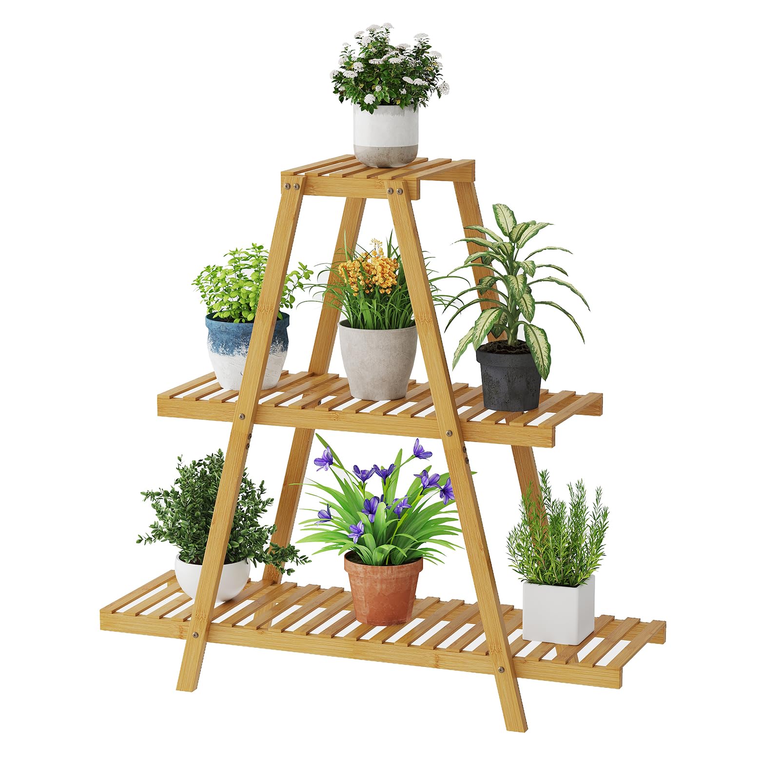 Photo 1 of STDDRE Plant Stand For Indoor Outdoor Tiered Plant Shelf 3 Tier 8 Potted Bamboo Flower Holder Ladder Rack For Multiple Triangle Table Plant Pot Stand (Natural)