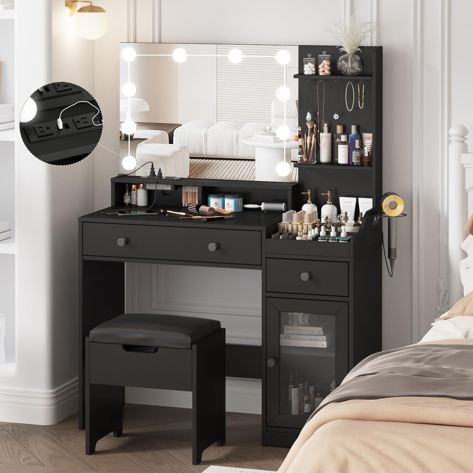 Photo 1 of Vabches Vanity with Mirror and Lights,Makeup Vanity Table with Charging Station,Dressing Table with Stool & 3 Storage Compartments,3 Color Modes Available for Bedroom,Black
