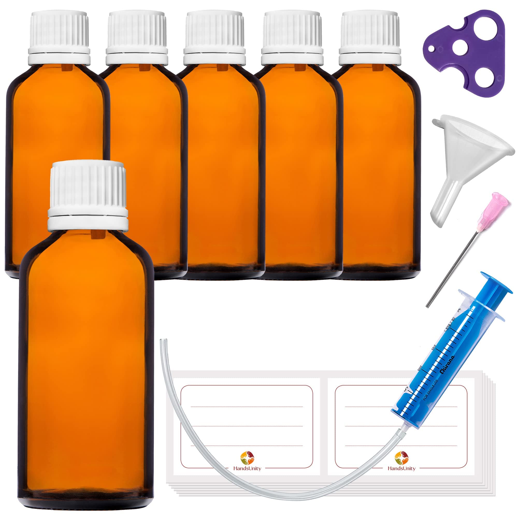 HandsUnity 50ml-6pcs Dropper Insert Bottle - Small Amber Glass Bottle Apothecary Glass with White Dropper Insert Cap made of Brown Glass set including 18 auxiliary Accessories
