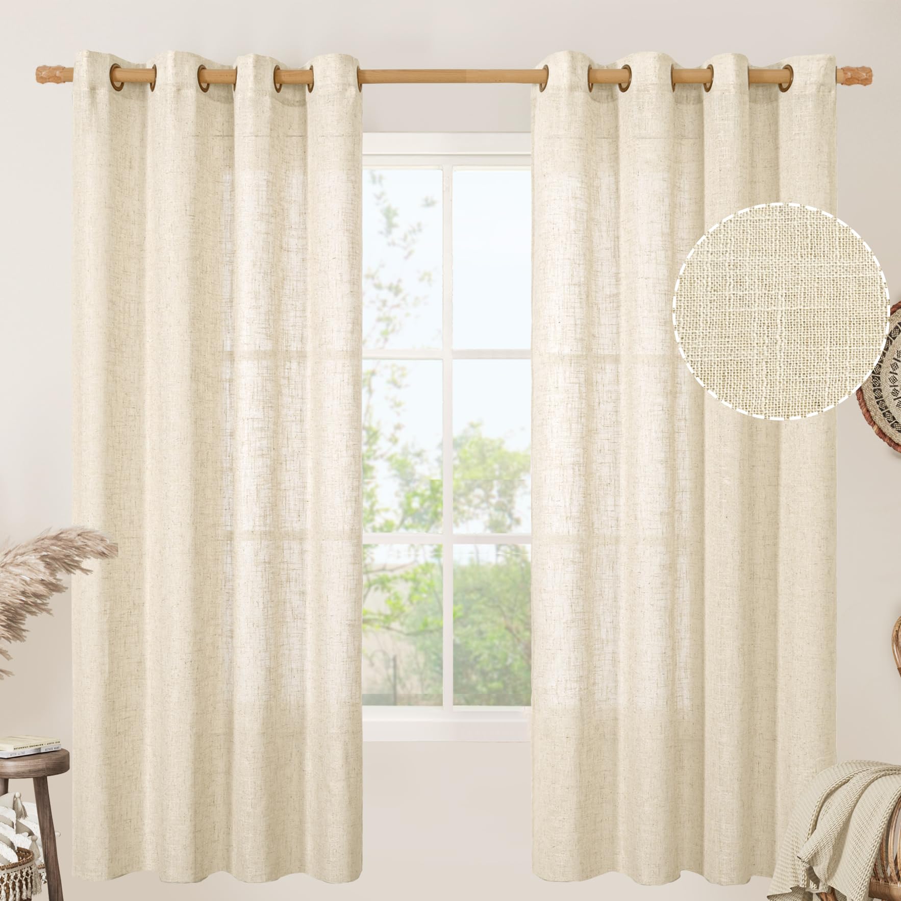 Photo 1 of LAMIT Beige 72 inch Linen Curtains 2 Panels Set for Living Room, Soft Thick Linen Semi Sheer Light Reducing Bronze Grommet Window Treatments Neutral Drapes for Bedroom, 52 x 72 Inch
