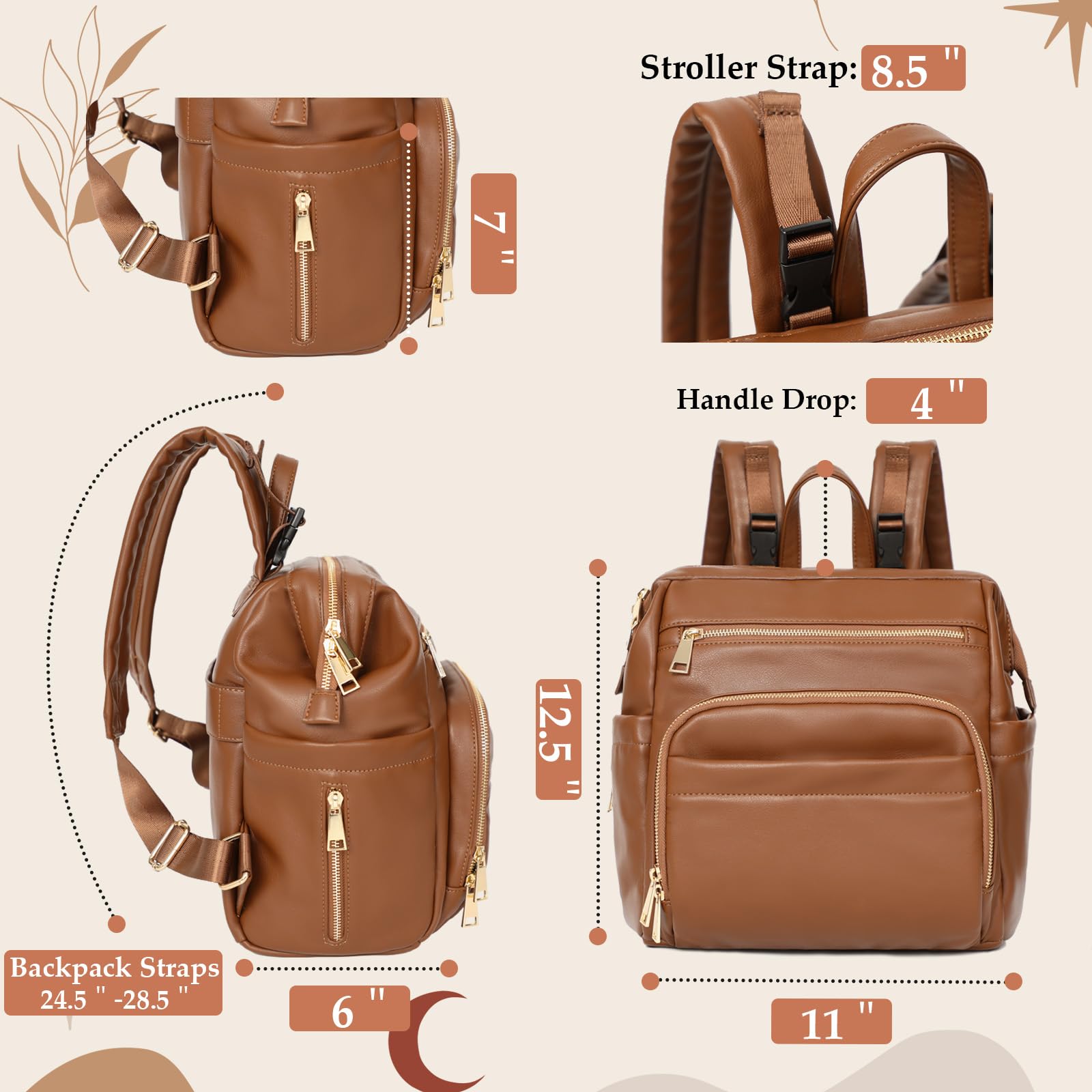 Small Diaper Bag Mini Diaper Bag Backpack Leather Diaper Bag With 12 Pockets Baby Travel Bag,2 Insulated Pockets,USB Charging Port,Stroller Straps,Brown