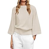 Saodimallsu Womens Crew Neck Batwing Sweaters 3/4 Sleeve Soft Knit Dressy Casual Loose Fit Fall Sweater Tops