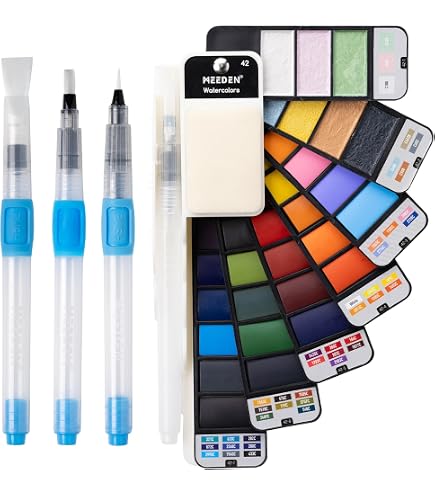 Kit Aquarelle Voyage En Noyer - 24 Couleurs + Palette 15 Grilles + Carnet + Pinceaux - Compact Et Complet - Parfait Extérieur - 11