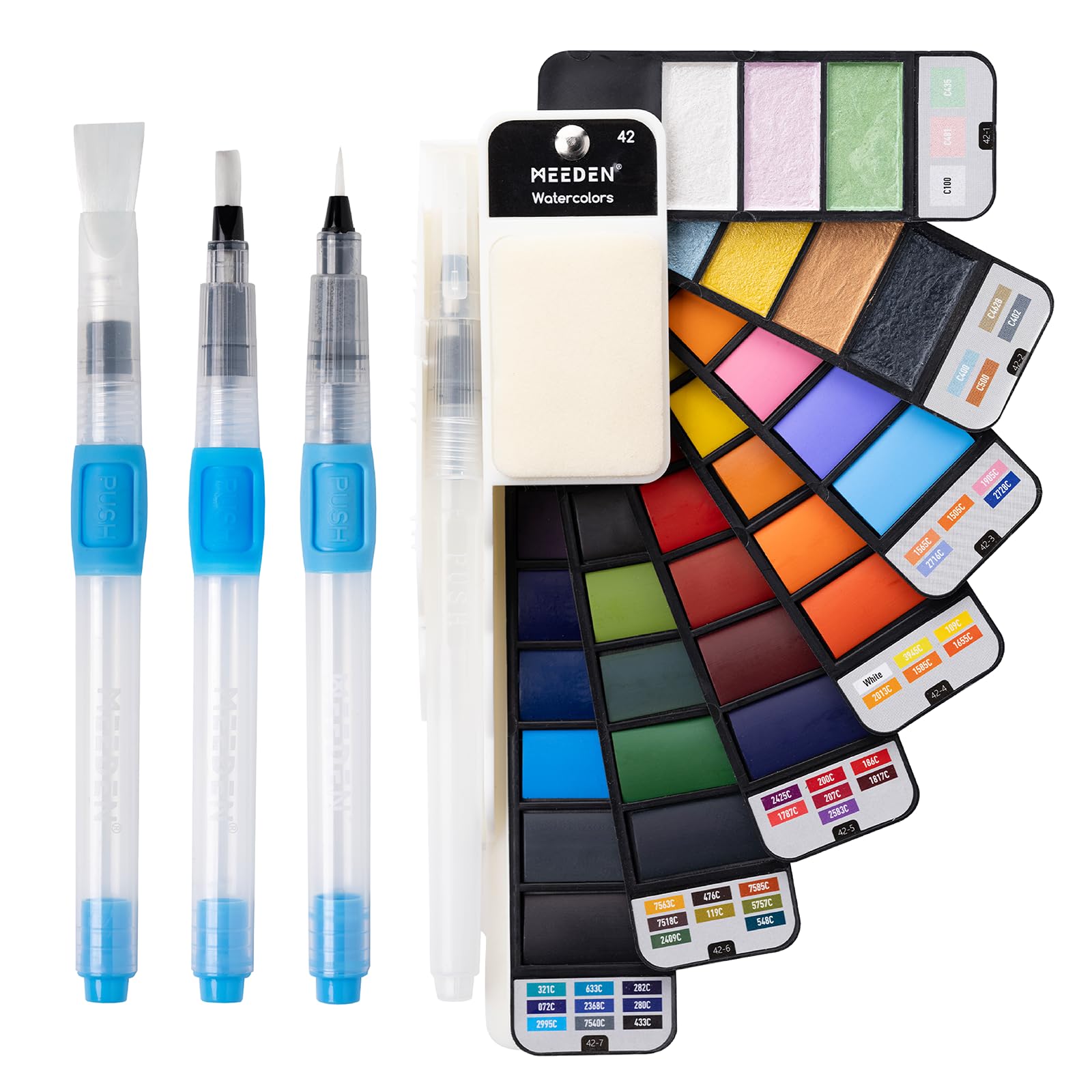 Photo 1 of MEEDEN Travel Watercolor Paint Set: 42 Colors Portable Water Color Palette with 4 Brushes for Girl Boy Friends Adults Teens Beginners Artists Painting Sketching Coloring in Journey on the go