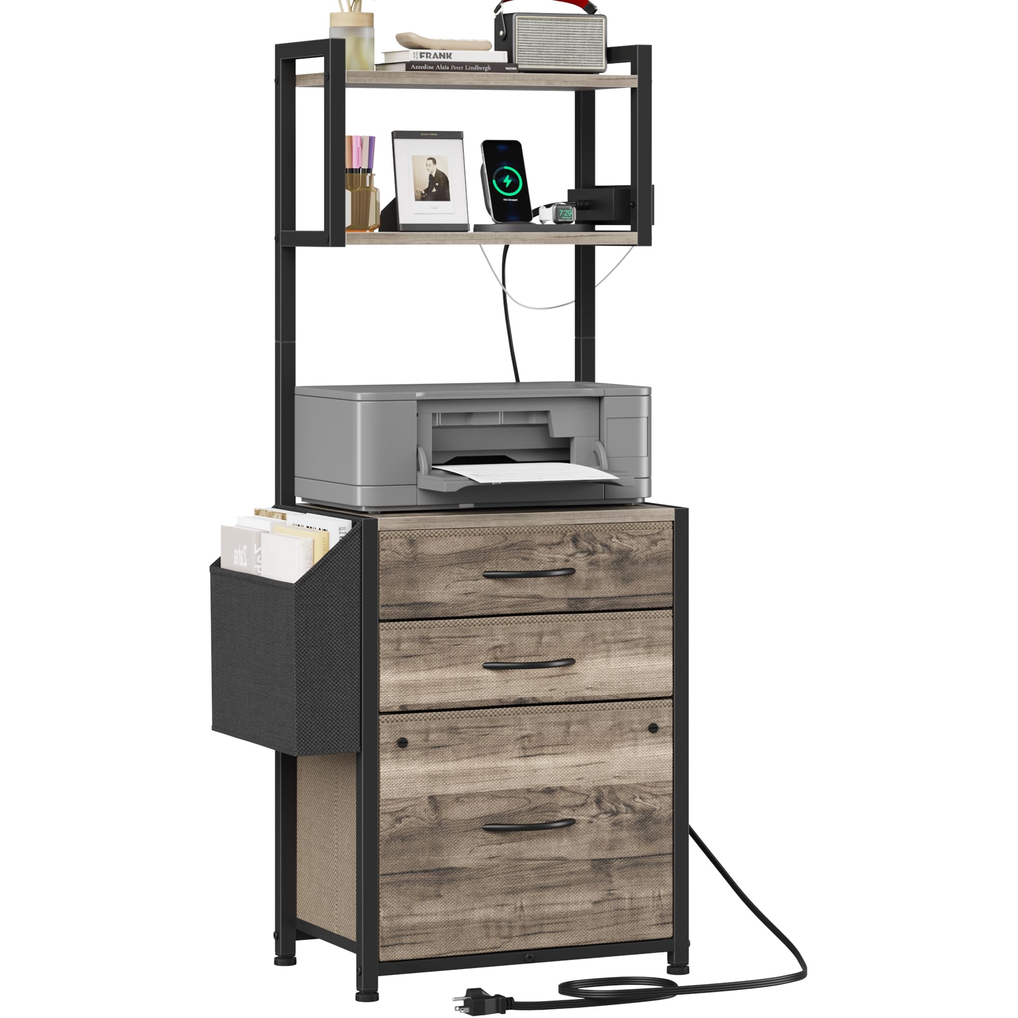 Photo 1 of HIGDBFE Small 3 Drawer File Cabinet with Charging Station, 45''H, 3-Tier Filing Cabinet for Home Office, 11''*16'' for Small Printer, Fabric Drawer Fits Letter/A4, Tall Printer Stand, Grey