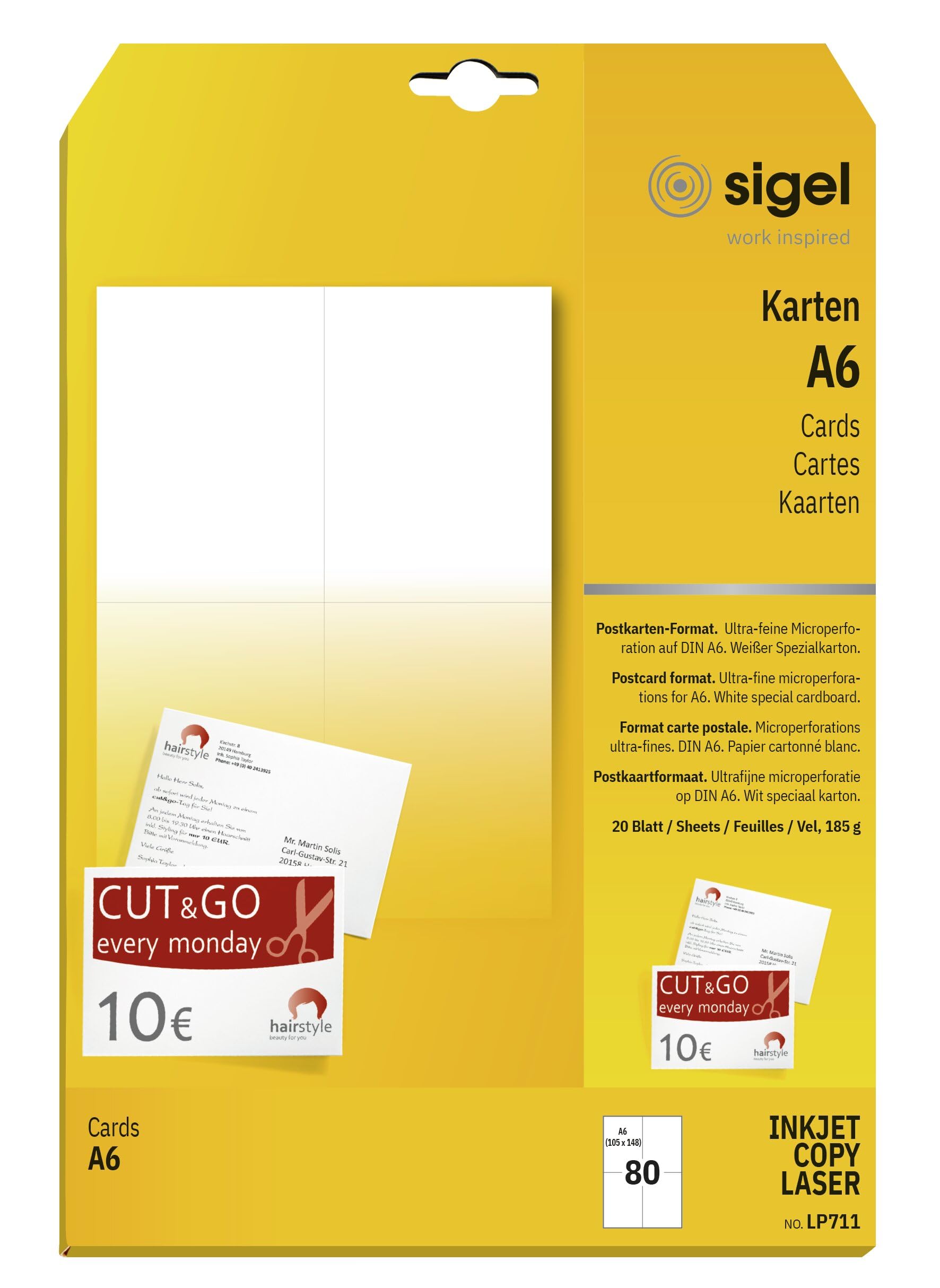 SIGEL LP711 Postcards / Invitation Cards, A6, 185 gsm, 80 Pieces equal to 20 sheets, White