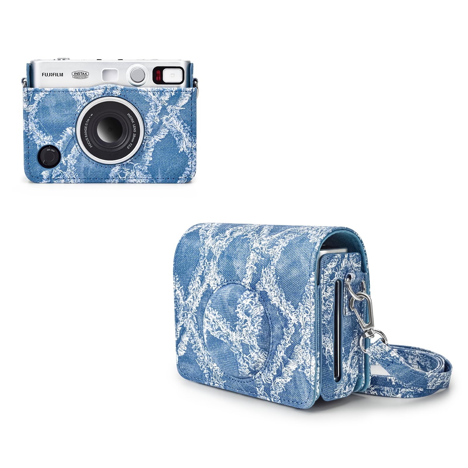 Rieibi Camera Case for Fujifilm Mini EVO - Vintage PU Leather Protective Case for Fuji Mini EVO Instant Camera - Removable Case with Adjustable Shoulder Strap - Denim Blue