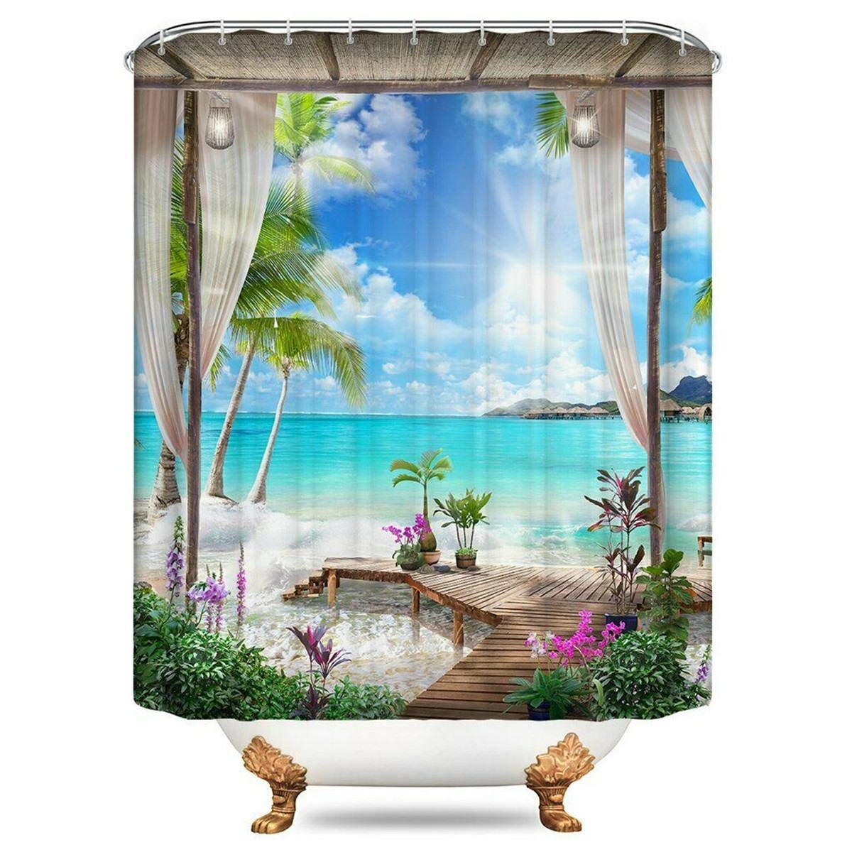 YUAOEUR Landscape Photo Garden 3D Shower Curtain Nature Scenery Sunset at Lake View Spring Flowers Green Grass Scenery Bathroom Decoration Curtains with Hook 71X 71 inches Green Pink Blue